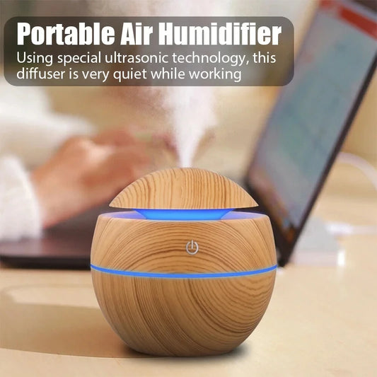 Mini Wood Grain Ultrasonic Humidifier & Essential Oil Diffuser – USB Powered, Silent Cool Mist Purifier