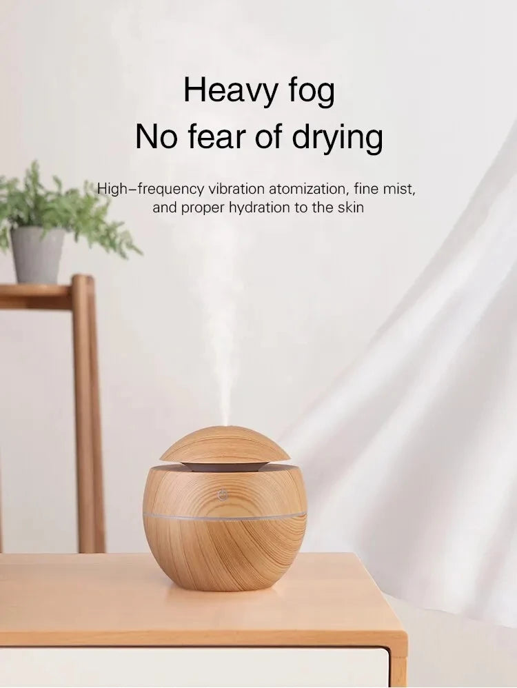 Mini Wood Grain Ultrasonic Humidifier & Essential Oil Diffuser – USB Powered, Silent Cool Mist Purifier