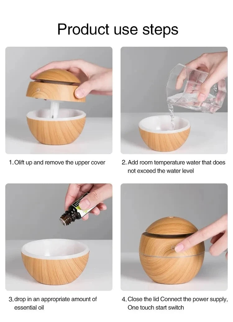 Mini Wood Grain Ultrasonic Humidifier & Essential Oil Diffuser – USB Powered, Silent Cool Mist Purifier