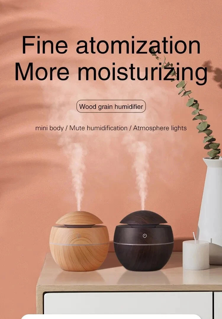 Mini Wood Grain Ultrasonic Humidifier & Essential Oil Diffuser – USB Powered, Silent Cool Mist Purifier