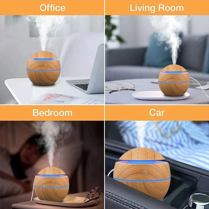 Mini Wood Grain Ultrasonic Humidifier & Essential Oil Diffuser – USB Powered, Silent Cool Mist Purifier