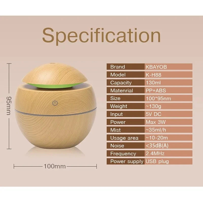 Mini Wood Grain Ultrasonic Humidifier & Essential Oil Diffuser – USB Powered, Silent Cool Mist Purifier
