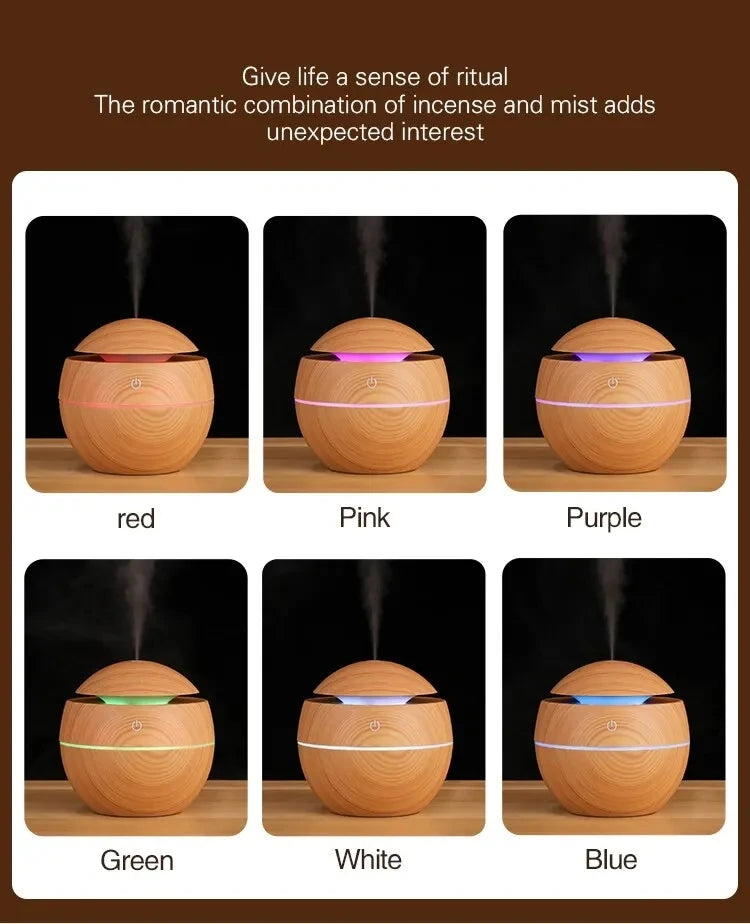 Mini Wood Grain Ultrasonic Humidifier & Essential Oil Diffuser – USB Powered, Silent Cool Mist Purifier
