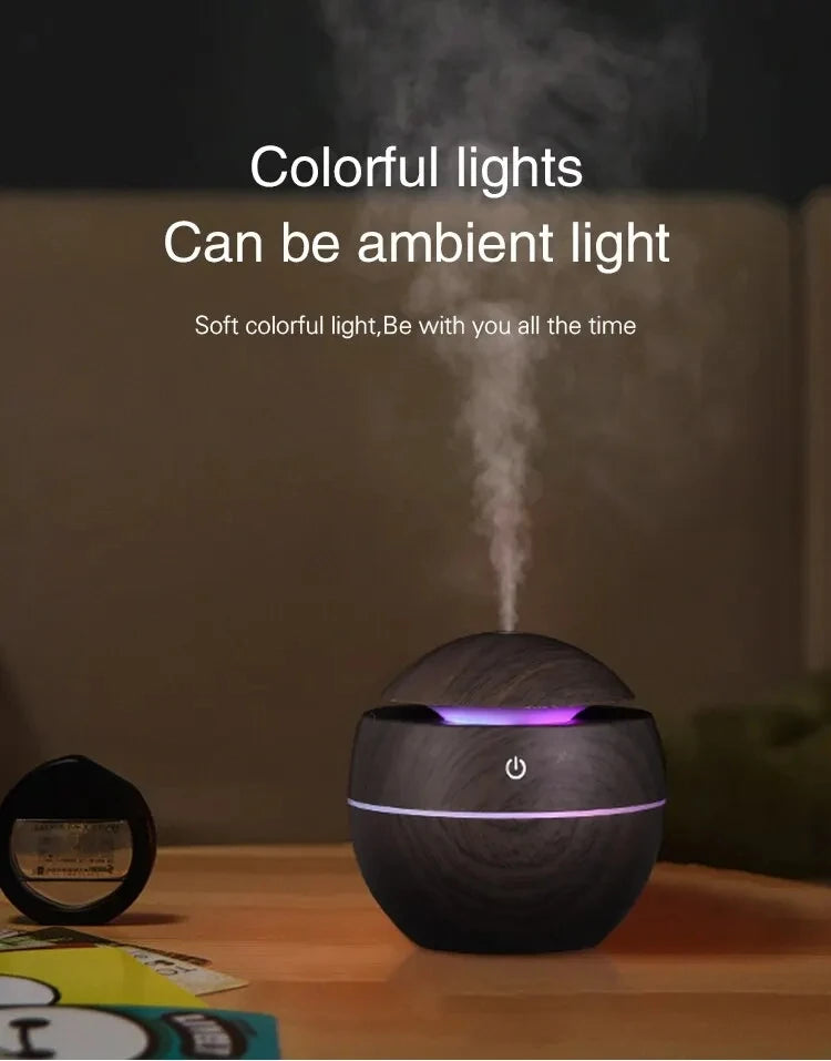 Mini Wood Grain Ultrasonic Humidifier & Essential Oil Diffuser – USB Powered, Silent Cool Mist Purifier