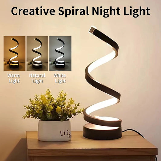 Modern Spiral LED Night Lamp – USB Powered, Dimmable 3 Colors, Perfect for Bedroom, Desk & Home Decor