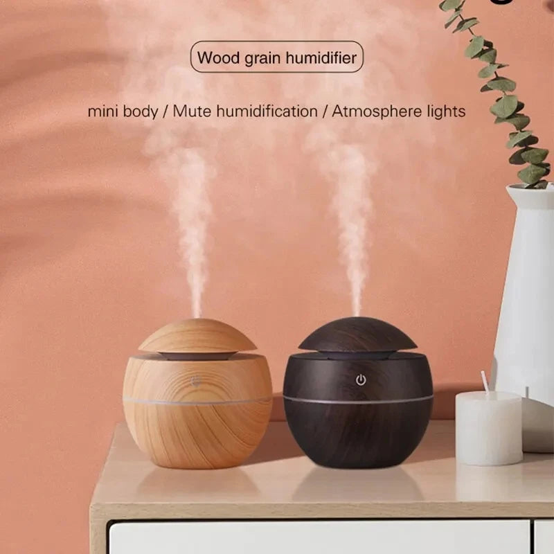 Mini Wood Grain Ultrasonic Humidifier & Essential Oil Diffuser – USB Powered, Silent Cool Mist Purifier